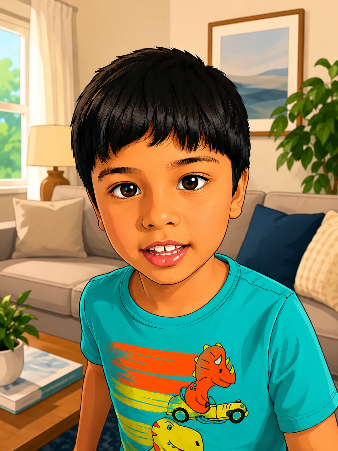 Illustration of a smiling child in a teal dinosaur T-shirt at home